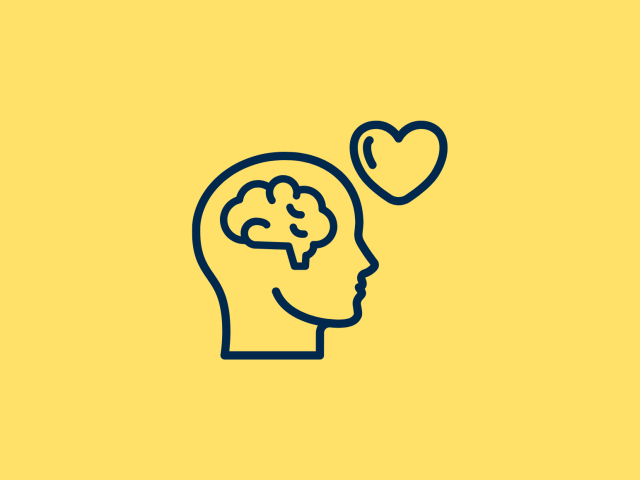 Dark blue person with a brain and heart on the outside of the body with a pale yellow background