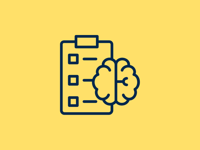 Dark blue clipboard with a brain next to it against a pale yellow background