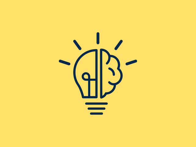 Dark blue image of half a lightbulb and the other half is a brain against a pale yellow blue background