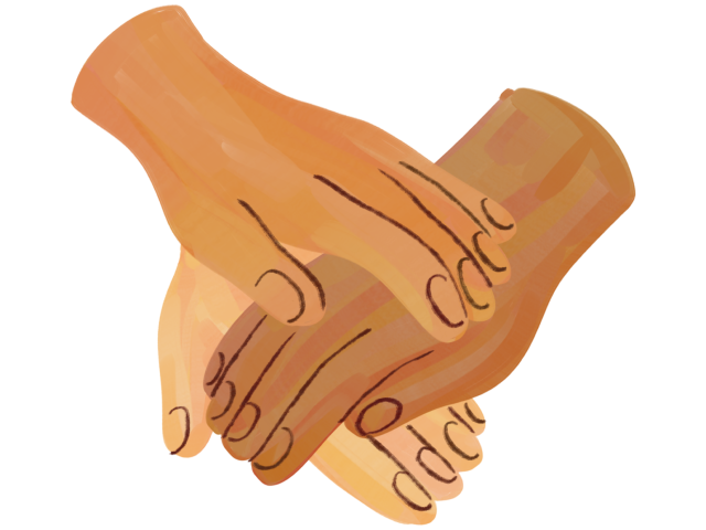 Three hands of varying shades meeting in the middle