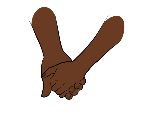 Two dark brown hands holding each other